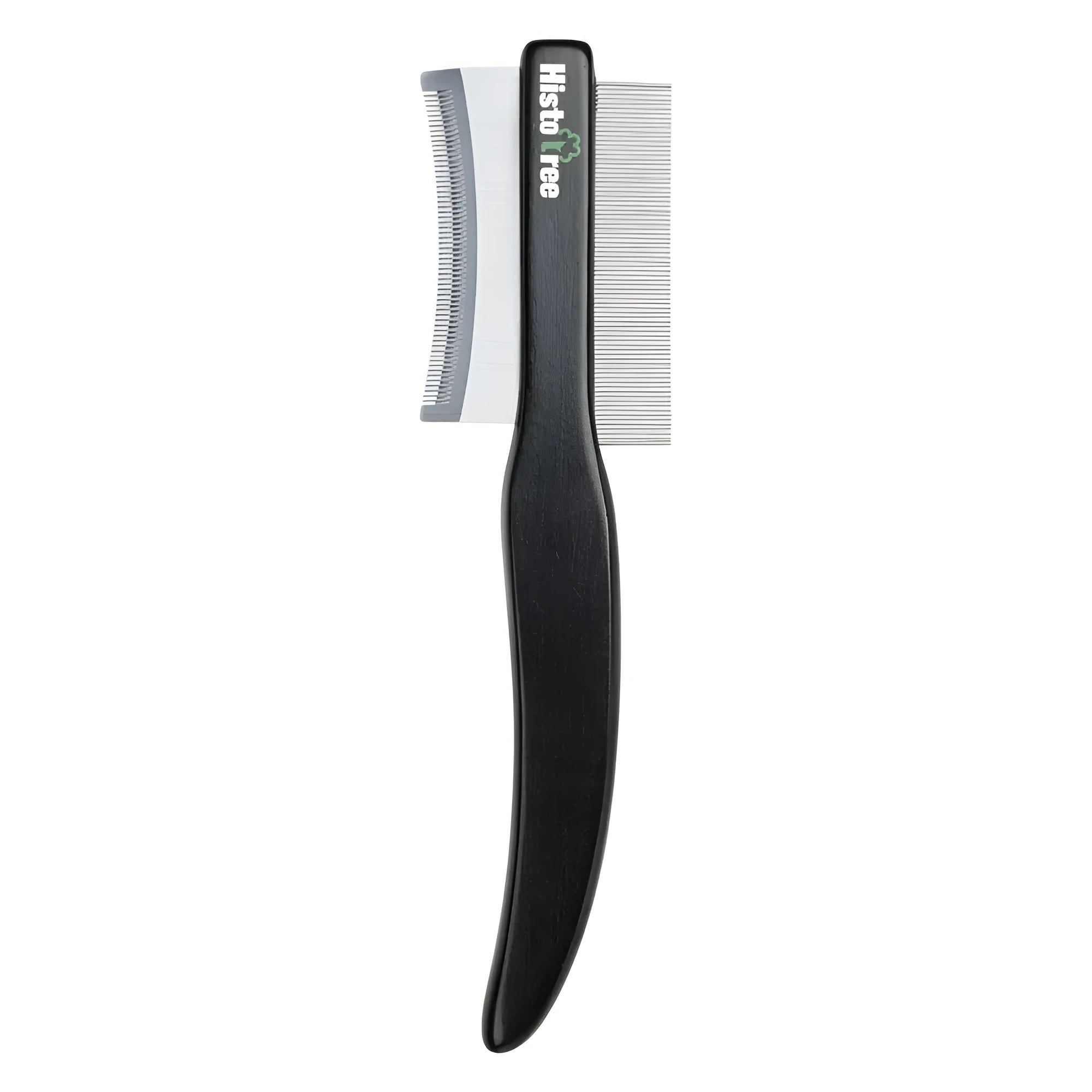 Black double-sided pet hair comb with stainless steel teeth and wood handle on white background
