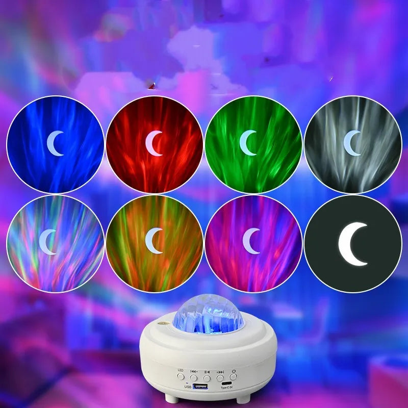 Galaxy star projector night light showing starry sky effects with 7 light patterns and a 5W speaker in white rechargeable finish