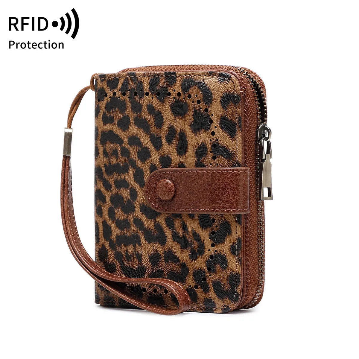 Leopard print PU zipper small wallet with metal zip and contrast stitching on white background