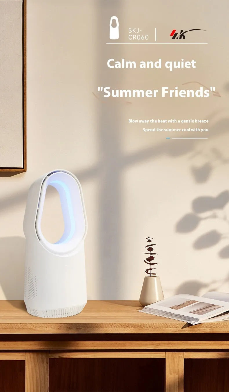 White bladeless tower fan with remote control and touch screen buttons for floor or desktop use