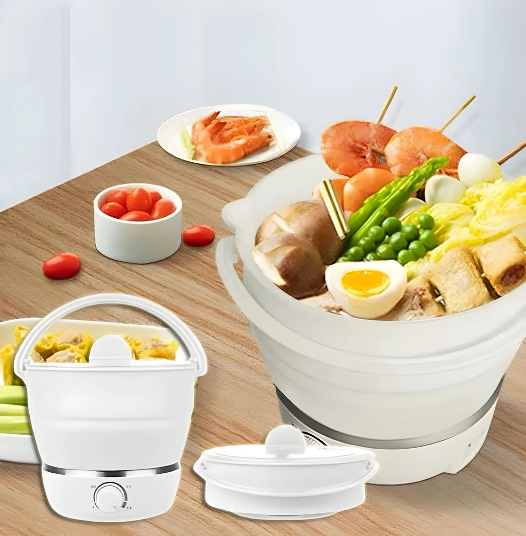 White portable folding electric cooker with food grade silicone body, 304 stainless steel liner, for 2-3 people travel camping