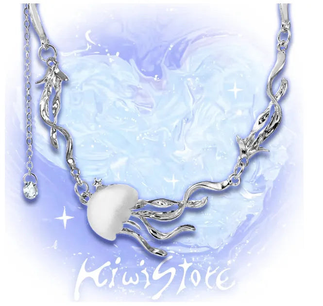 Frosted jellyfish pendant necklace and earrings in multiple colour options on a white background