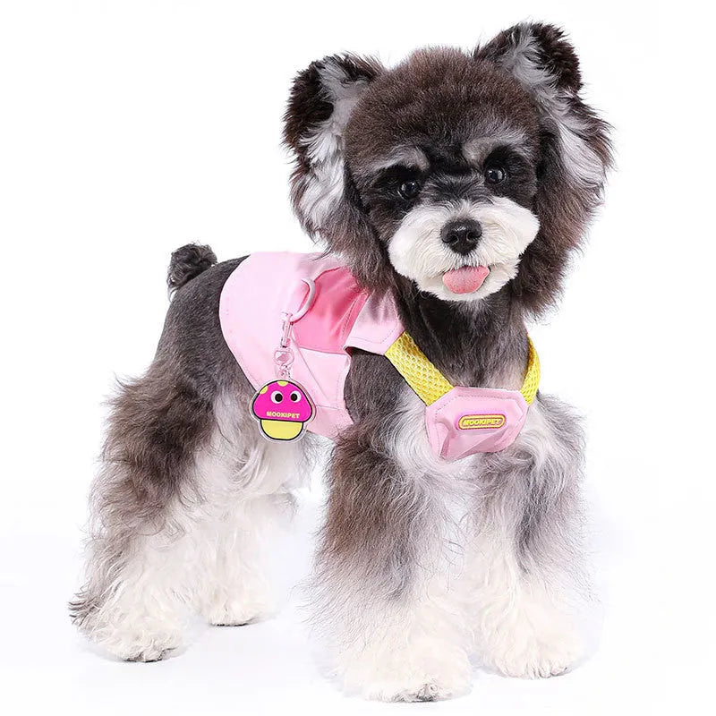 Pink polyester dog vest for small breeds like Bichon Frise on a white background.