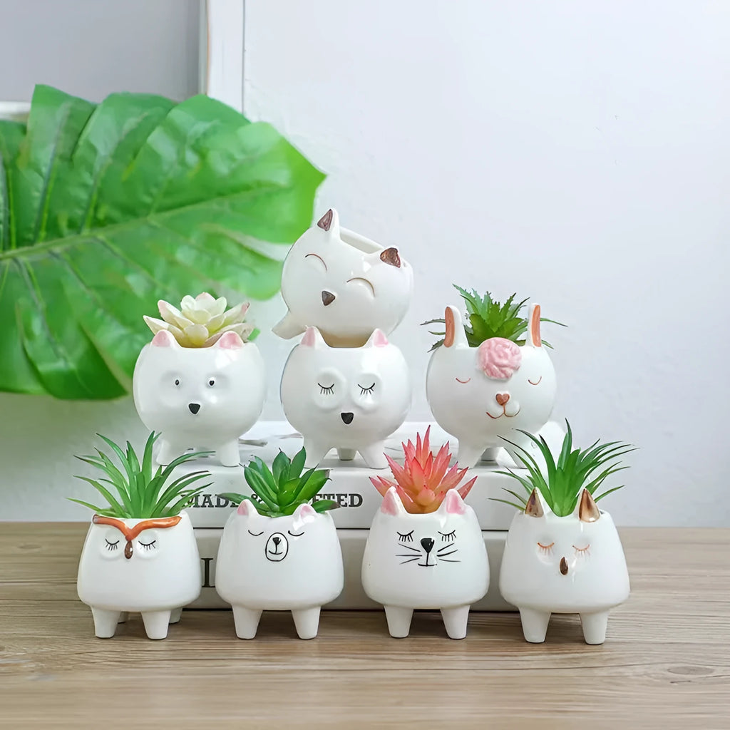 Ceramic hand painted cartoon animal flowerpot in pastoral style, breathable and firm, suitable for desktop or floor