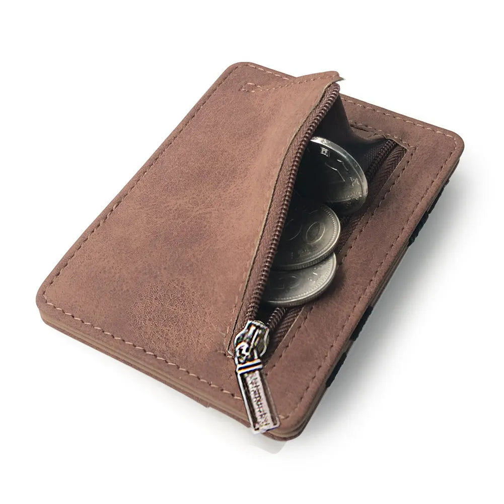 Matte leather magic wallet in horizontal square shape with sewing line details, shown in multiple colours
