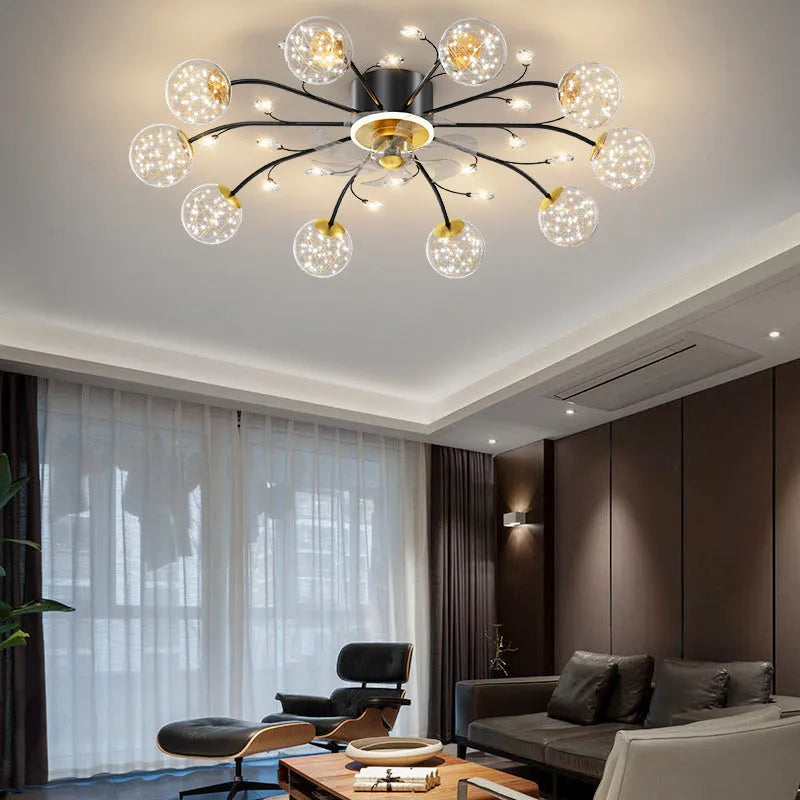 New Nordic Star fan lamp with crystal and iron, remote control, ceiling light for 10-15 square metre rooms