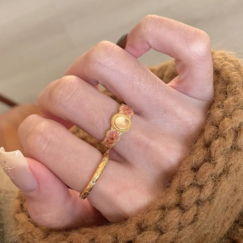 Escape K227 pink crystal enamel geometric open ring in gold-plated copper.