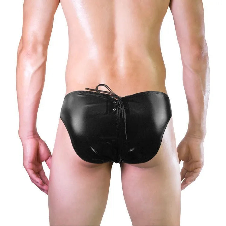 Men's black imitation leather string briefs with elasticated waistband laid flat