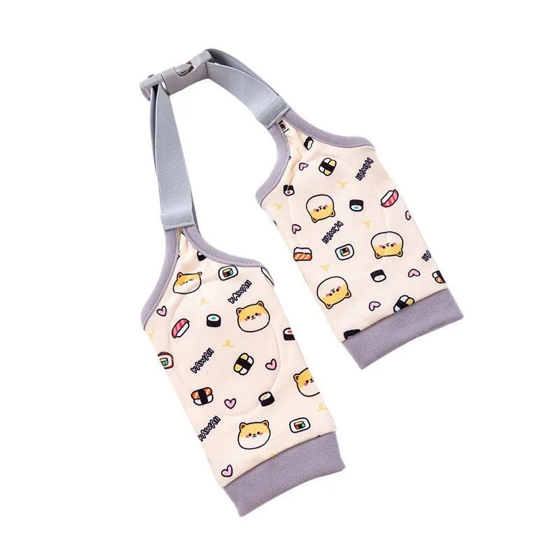 Blue dog knee protector with matching scarf showing adjustable straps and elbow padding