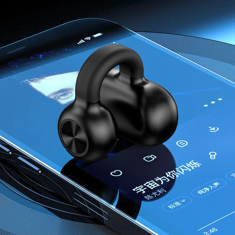 Black wireless Bluetooth headset with clip-on design for bone conduction audio during exercise
