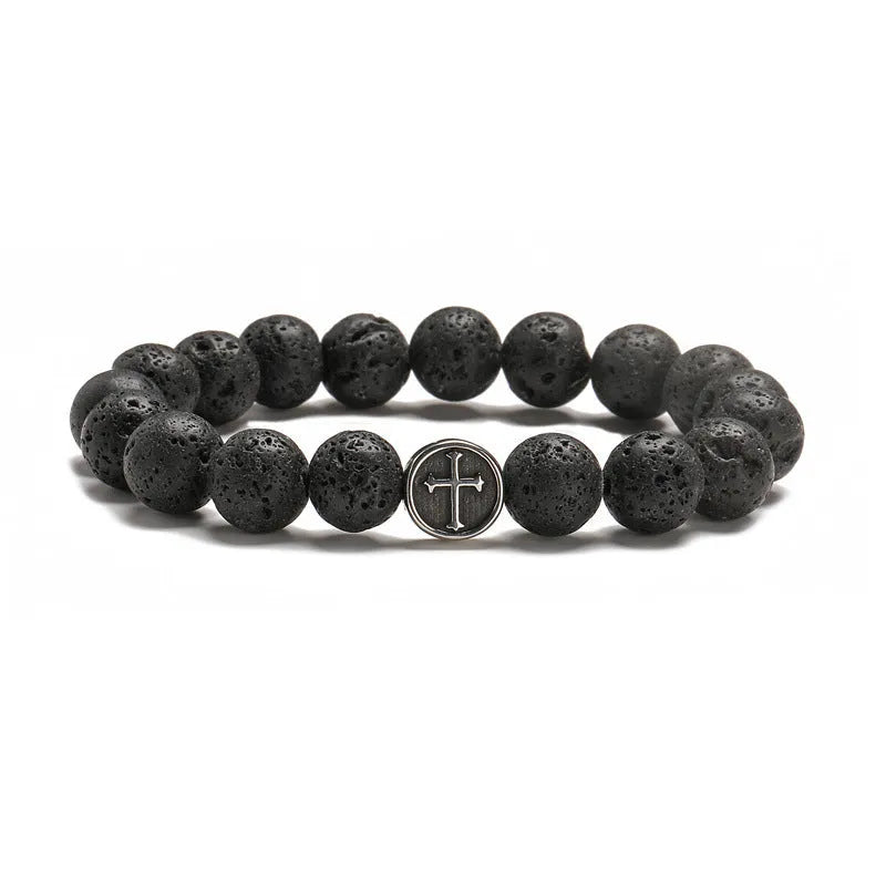 Geometric agate bracelet with volcano-coloured beads and stainless steel finish.