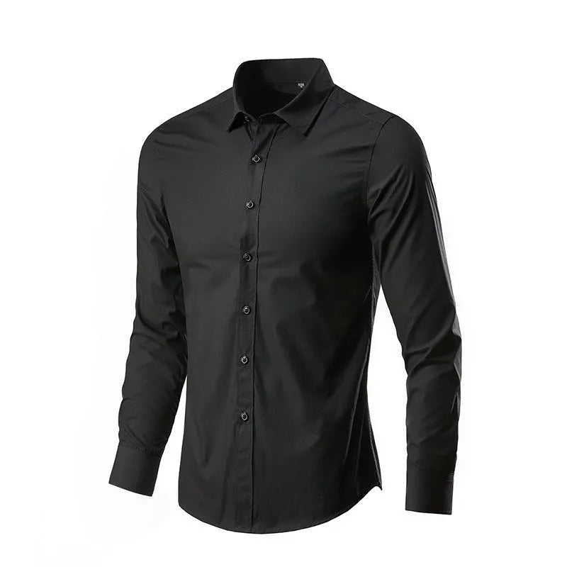 Men's loose-fit long-sleeve linen shirt on a hanger, shown in a light grey colour.