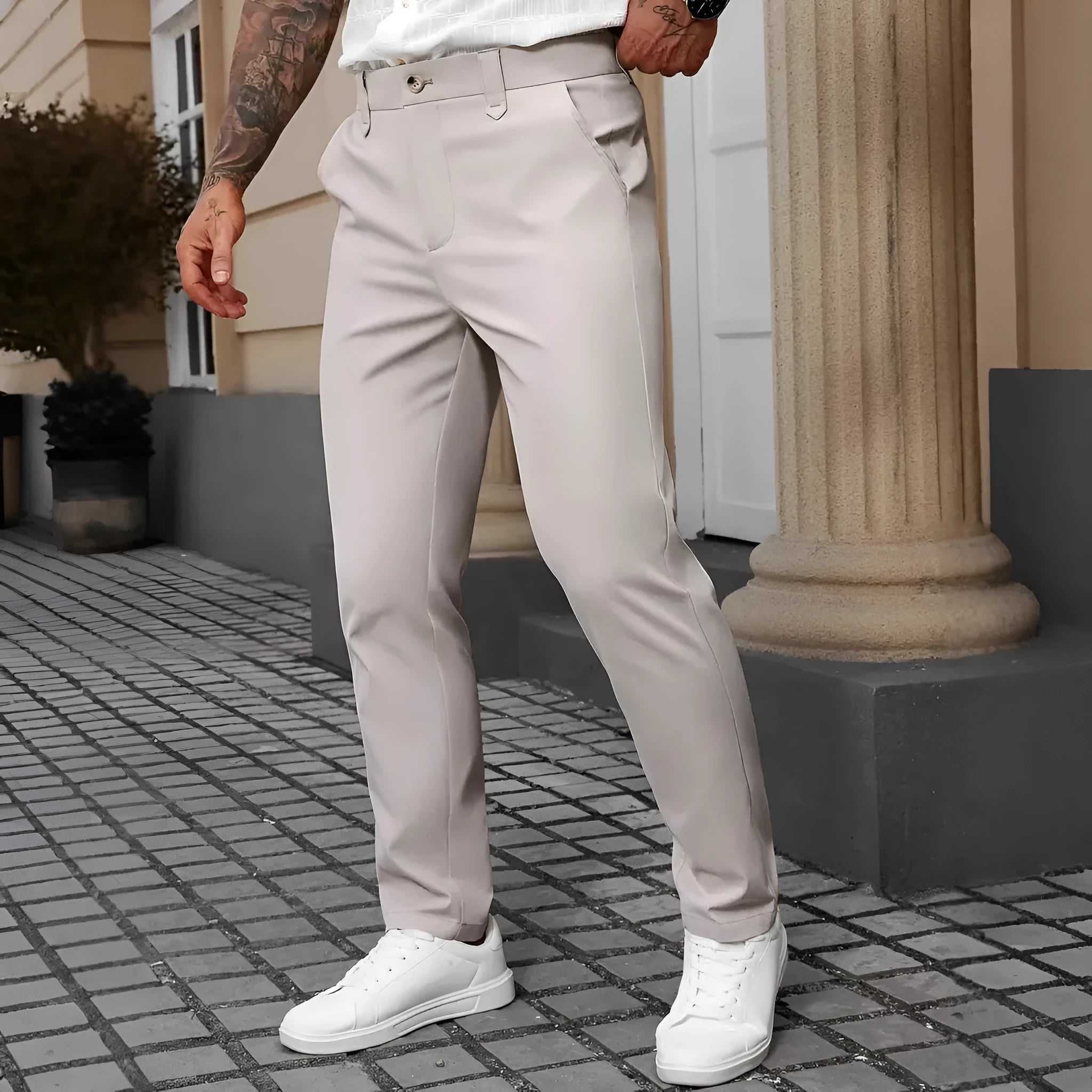 Men's solid colour straight polyester trousers in black, front view, suitable for business casual wear
