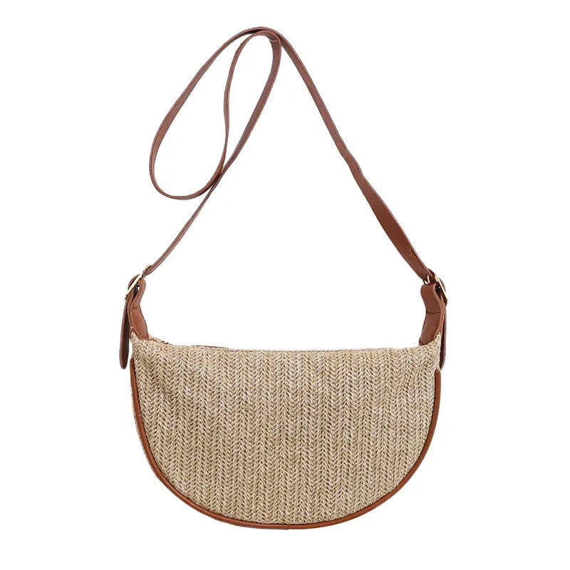 Women's straw woven crossbody bag with single strap and textured knitted appearance