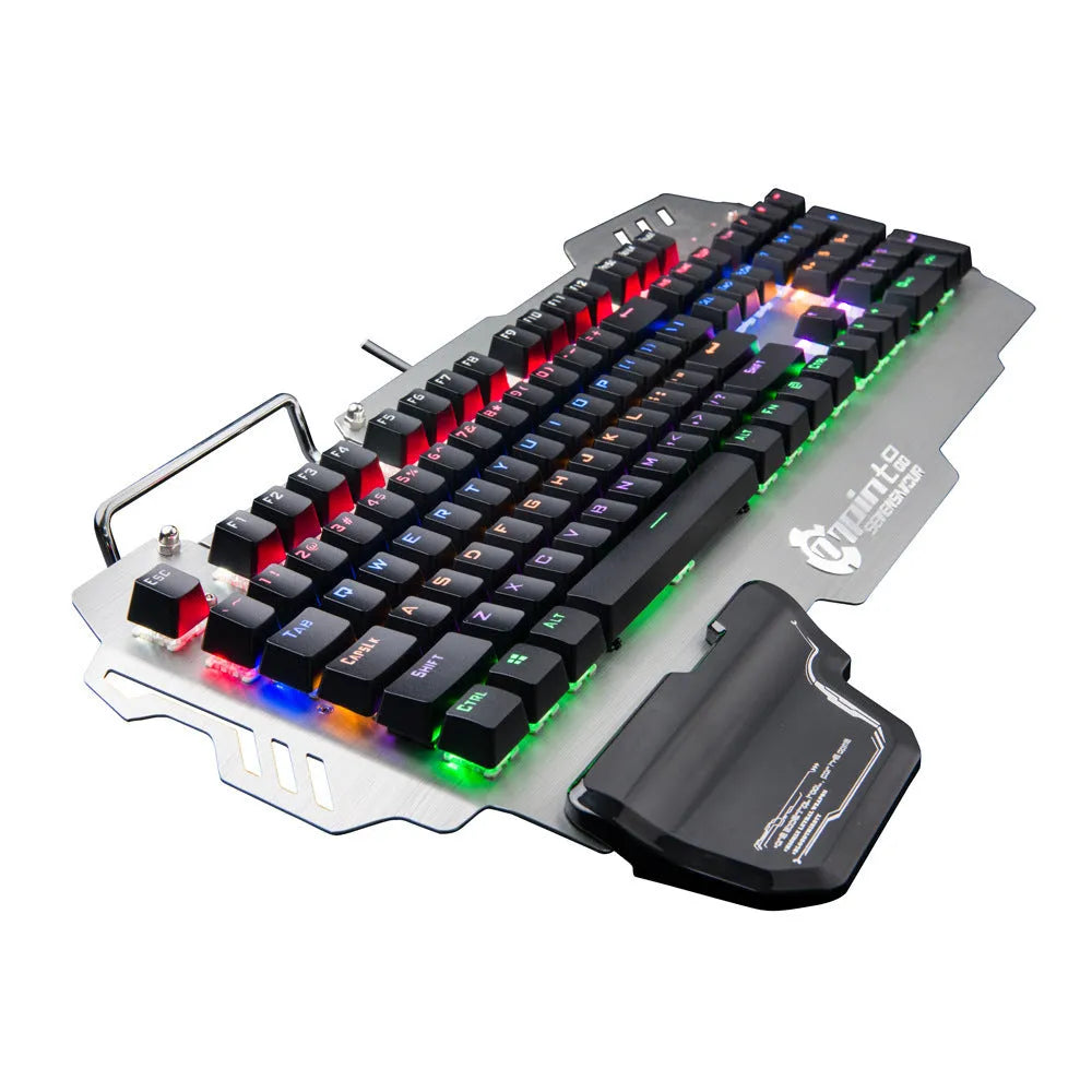 Silver Green Axis wired gaming keyboard with metal panel and wrist splint on desktop