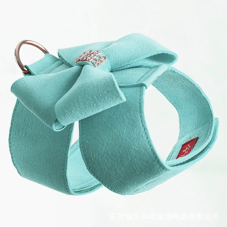 Microfiber dog chest strap harness with decorative bowknot in blue, orange, and pink colour options