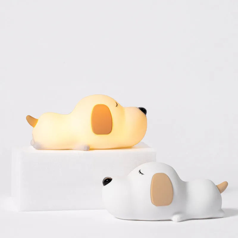 Silicone night lamp in cartoon dog shape, two-colour glow, USB charging port visible at base