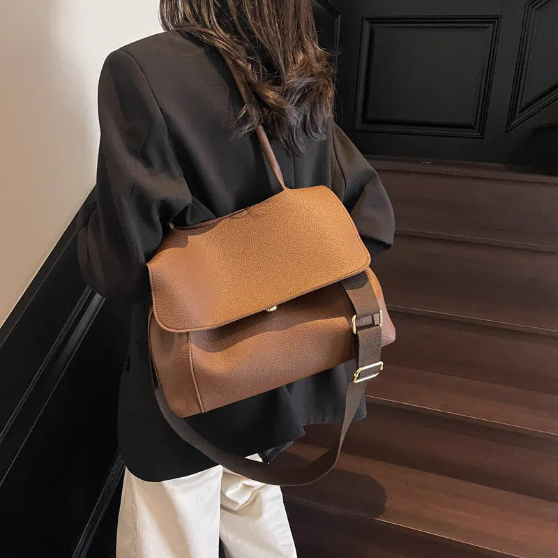 Horizontal square PU leather tote bag with double straps in vintage brown colour