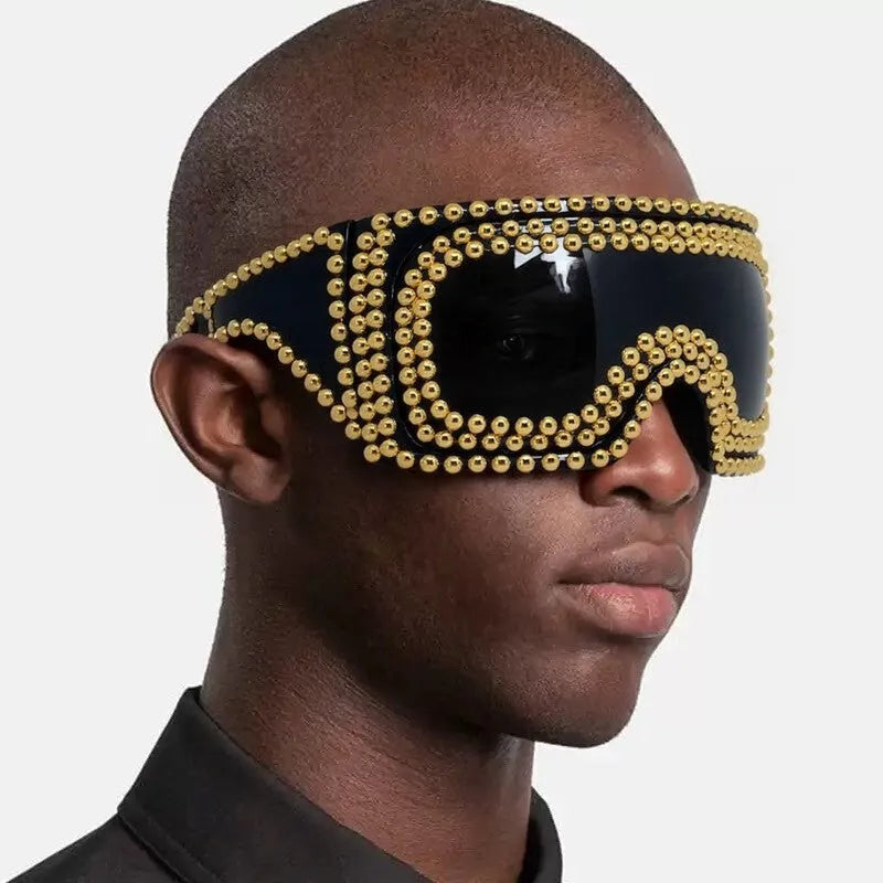 Men's square punk sunglasses with large rim and silver rivets on PC frame