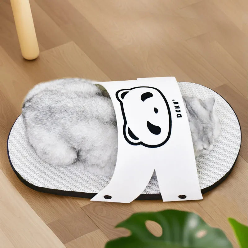 White corrugated paper cat scratch board with slipper-style design on floor