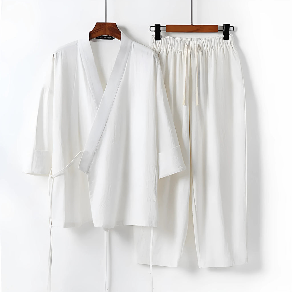 Cardigan hanfu two-piece suit in cotton and linen with shirt-style top and trousers