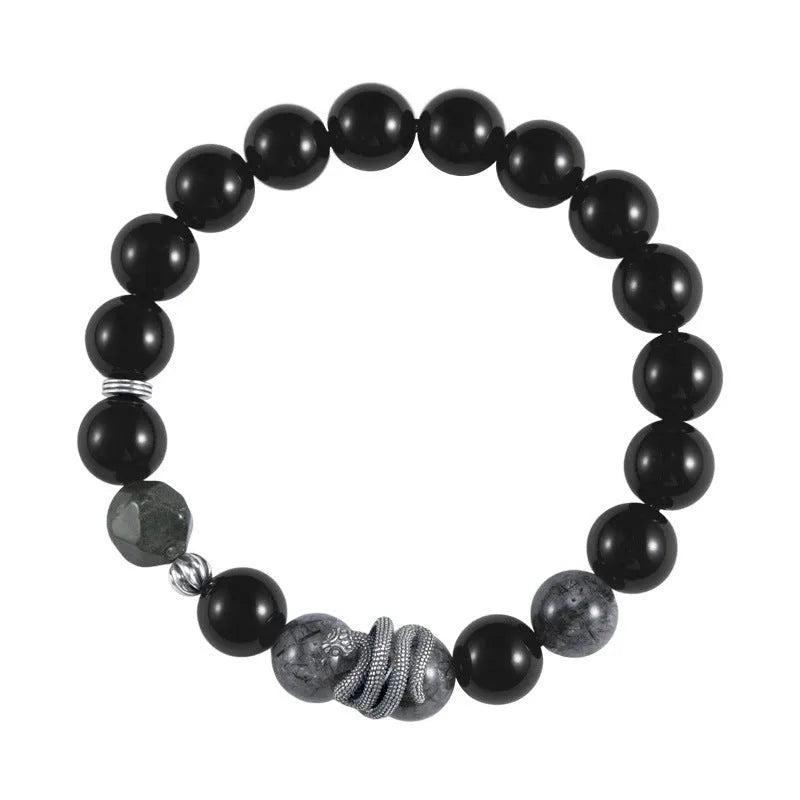 Men's black obsidian snake bracelet in sterling silver with retro zodiac design