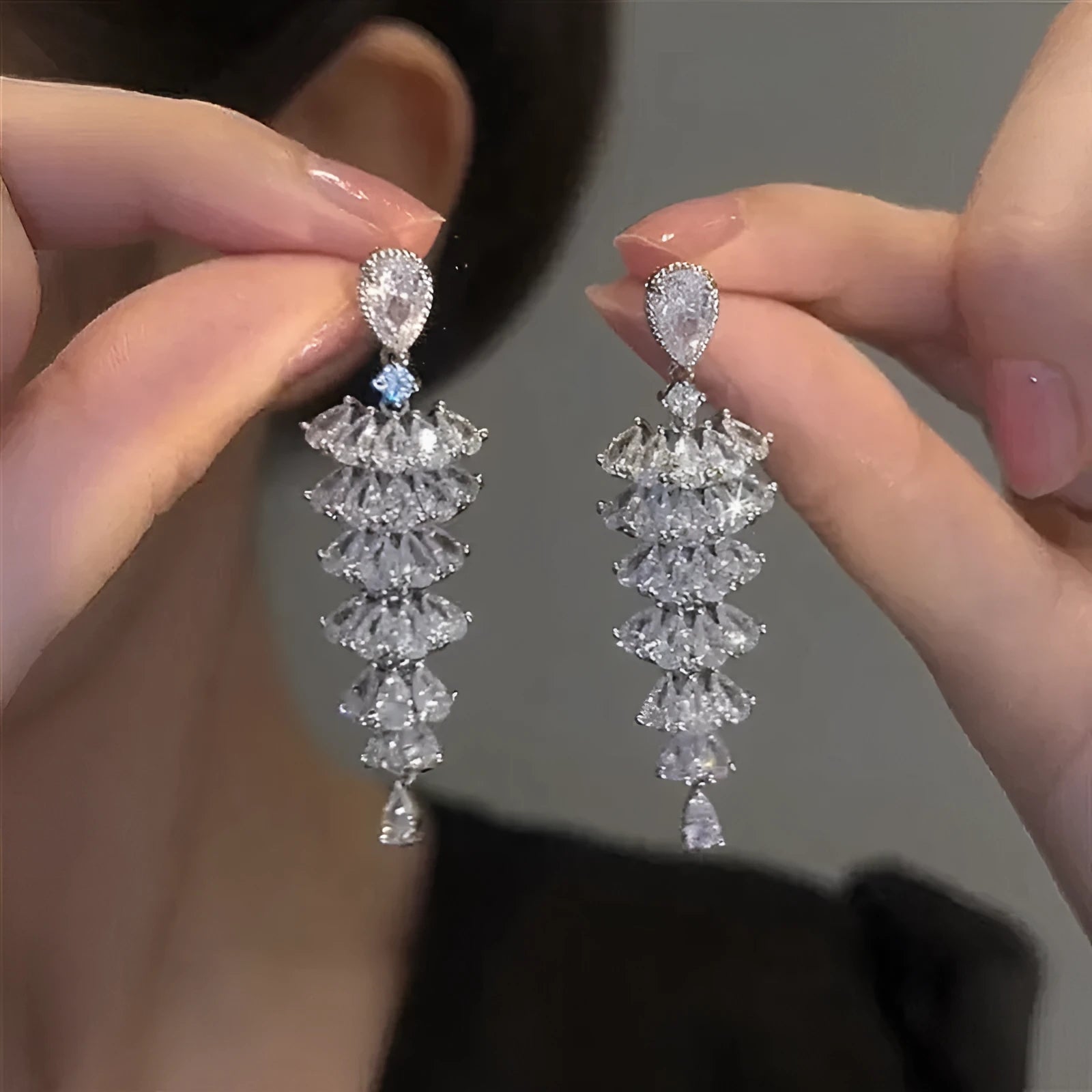 Silver pagoda Christmas tree drop earrings with zircon stones and stud fittings