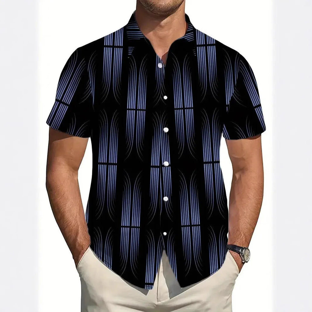 Men's slim fit geometric print short sleeve cardigan shirt on a hanger.