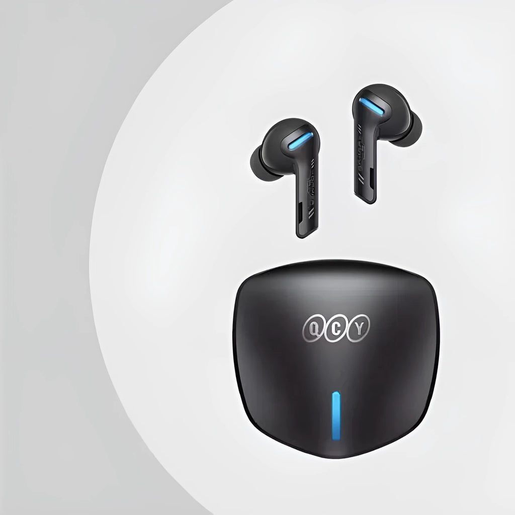 QCY-G1 wireless gaming headset in grey with charging compartment and Type-C cable