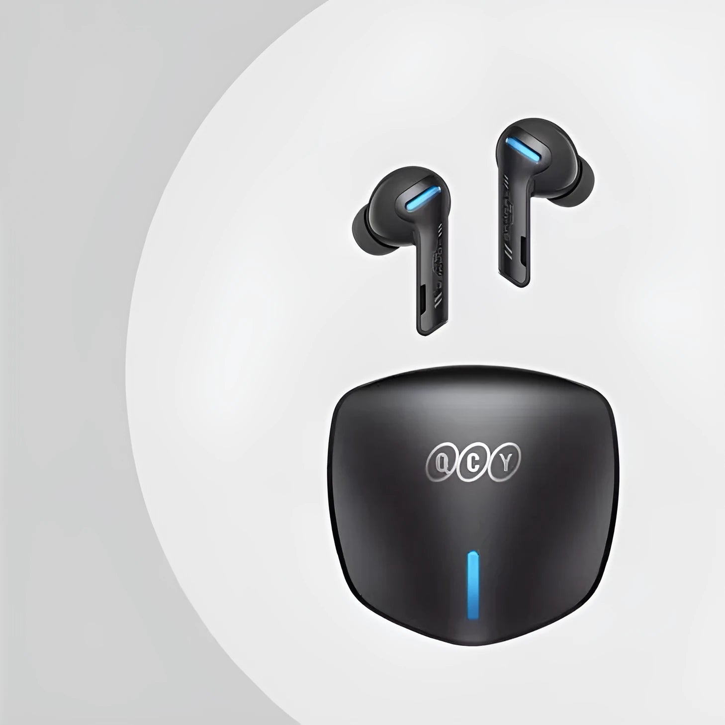 QCY-G1 wireless gaming headset in grey with charging compartment and Type-C cable