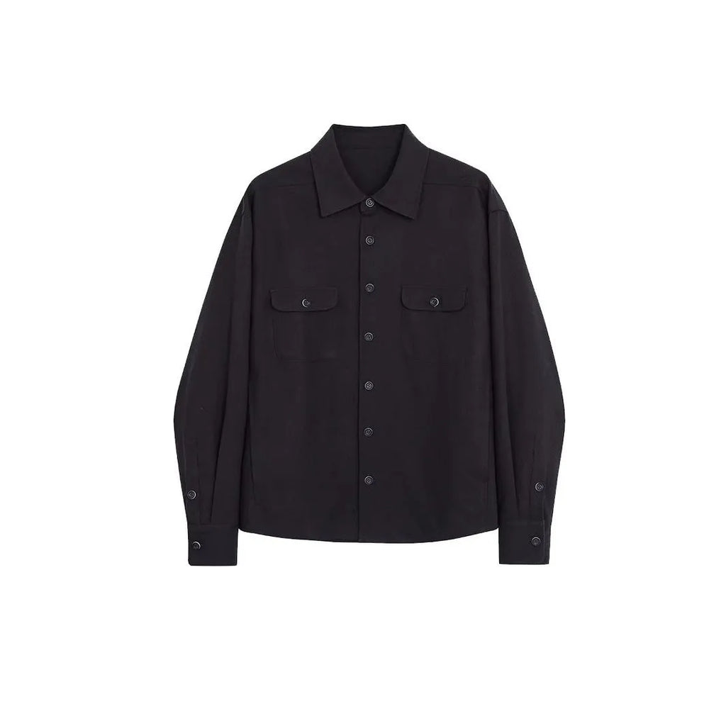 Men's cotton blend lapel shirt in light sand rice colour showing simple collar design and long sleeves