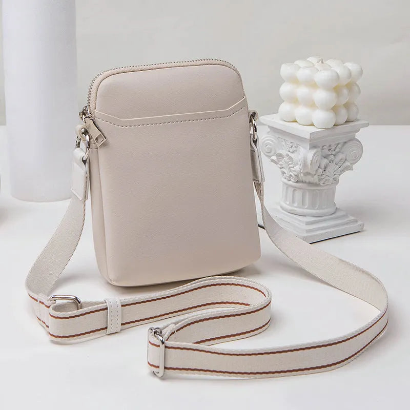 Solid colour mobile phone crossbody shoulder bag showing black, beige, khaki and green options