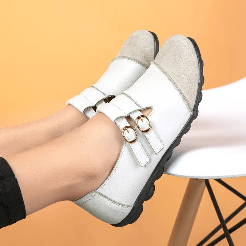 Casual leather flat shoes with Velcro fastening in black with round toe design
