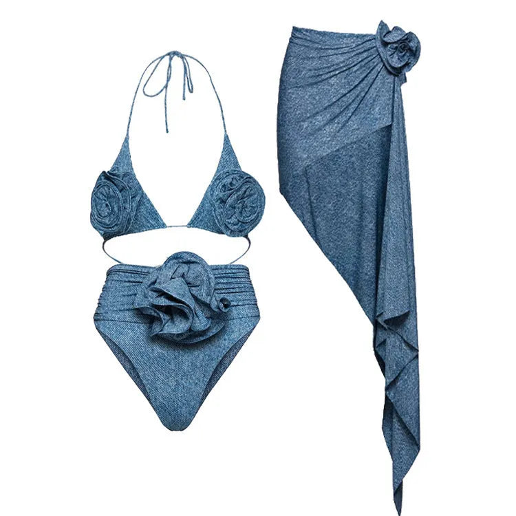 3D flower decoration halter lace-up bikini for women, polyester fabric, briefs style, sleeveless