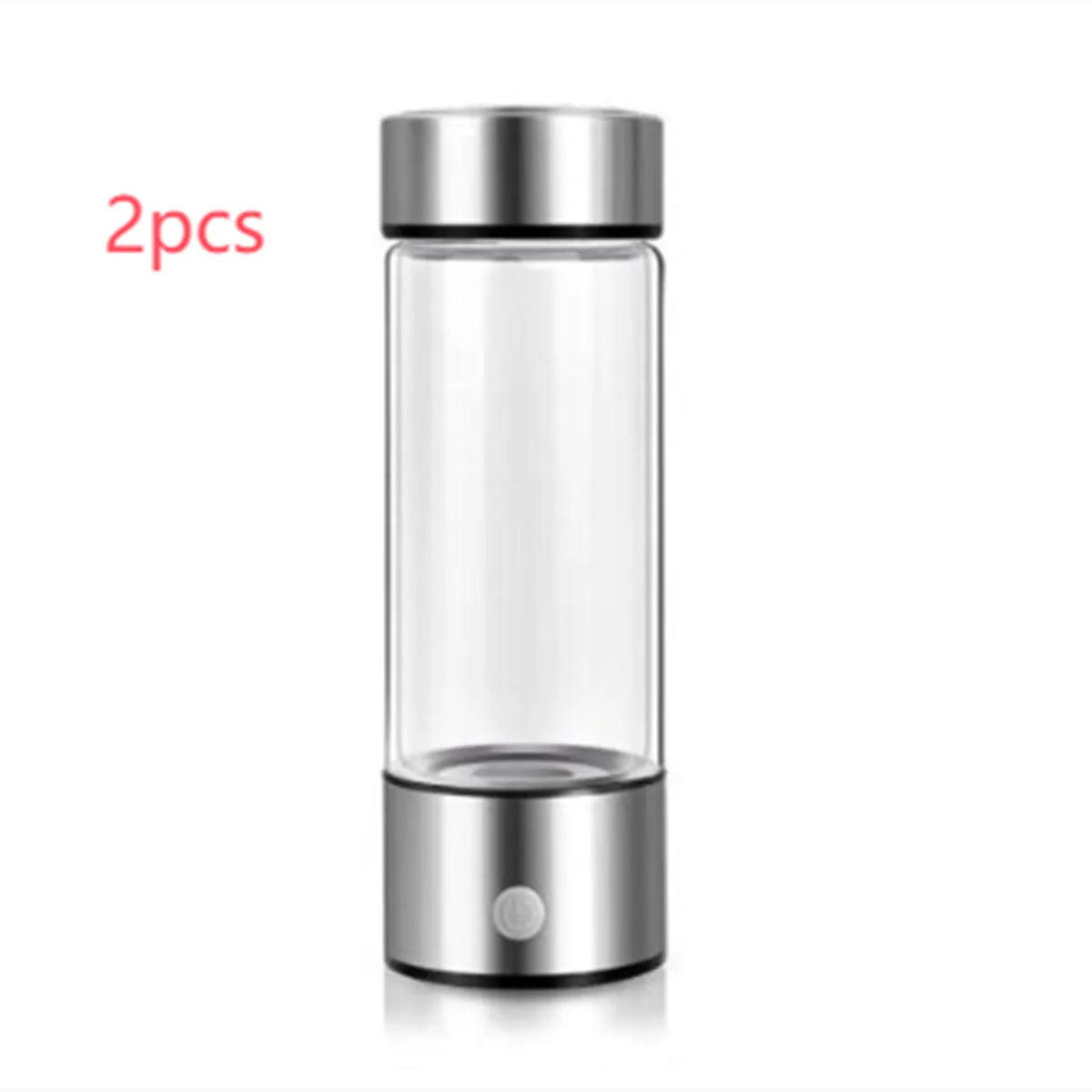 Hydrogen water bottle in silver with electric base, borosilicate glass body, 21.5cm tall, 401-500ml capacity