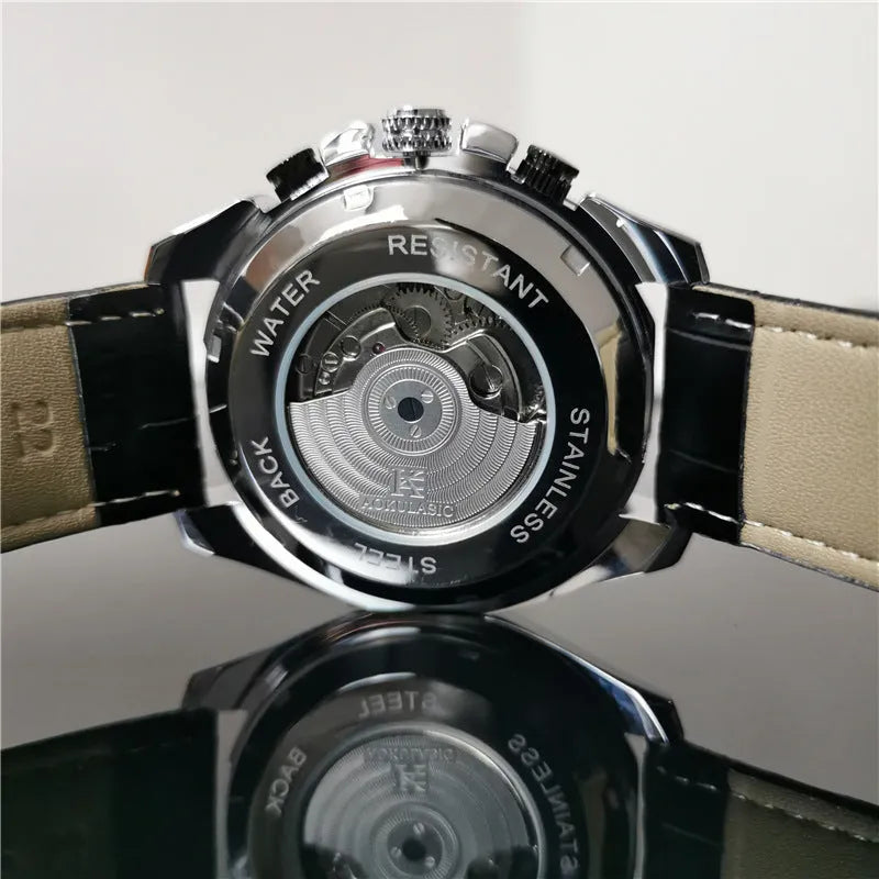 Men's automatic mechanical watch with 12mm case in various colour combinations including silver, black steel and gold steel options