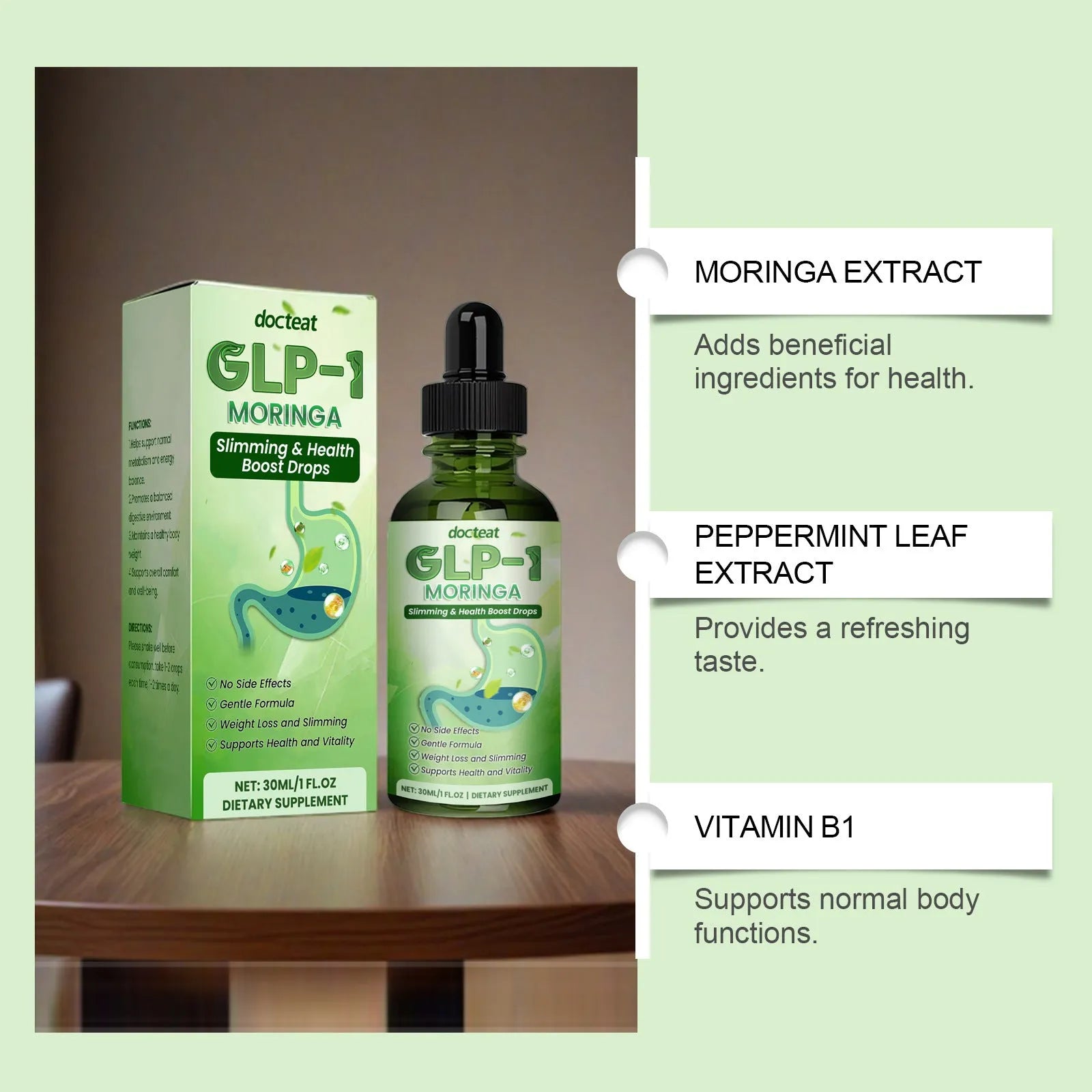 30ml bottle of Vitamin B1 liquid supplement with curcumin, moringa, and mint extracts in droplet form