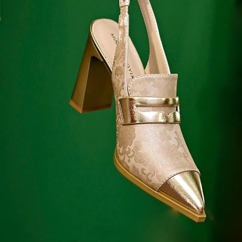 Korean style printed high heels with chunky heel and pointed-toe design in black, champagne and green colours