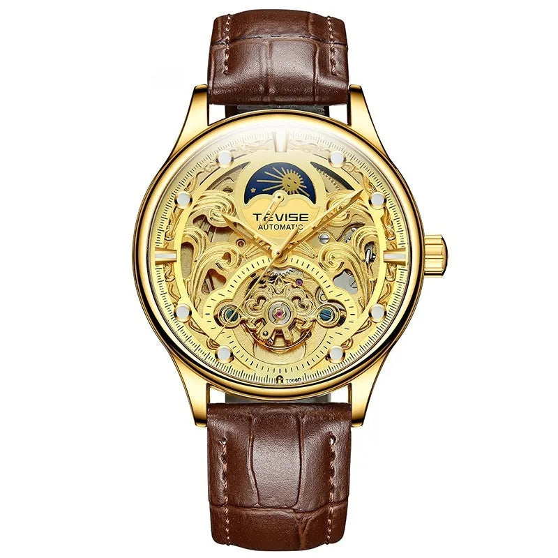 Automatic mechanical men's watch with skeleton movement and leather strap