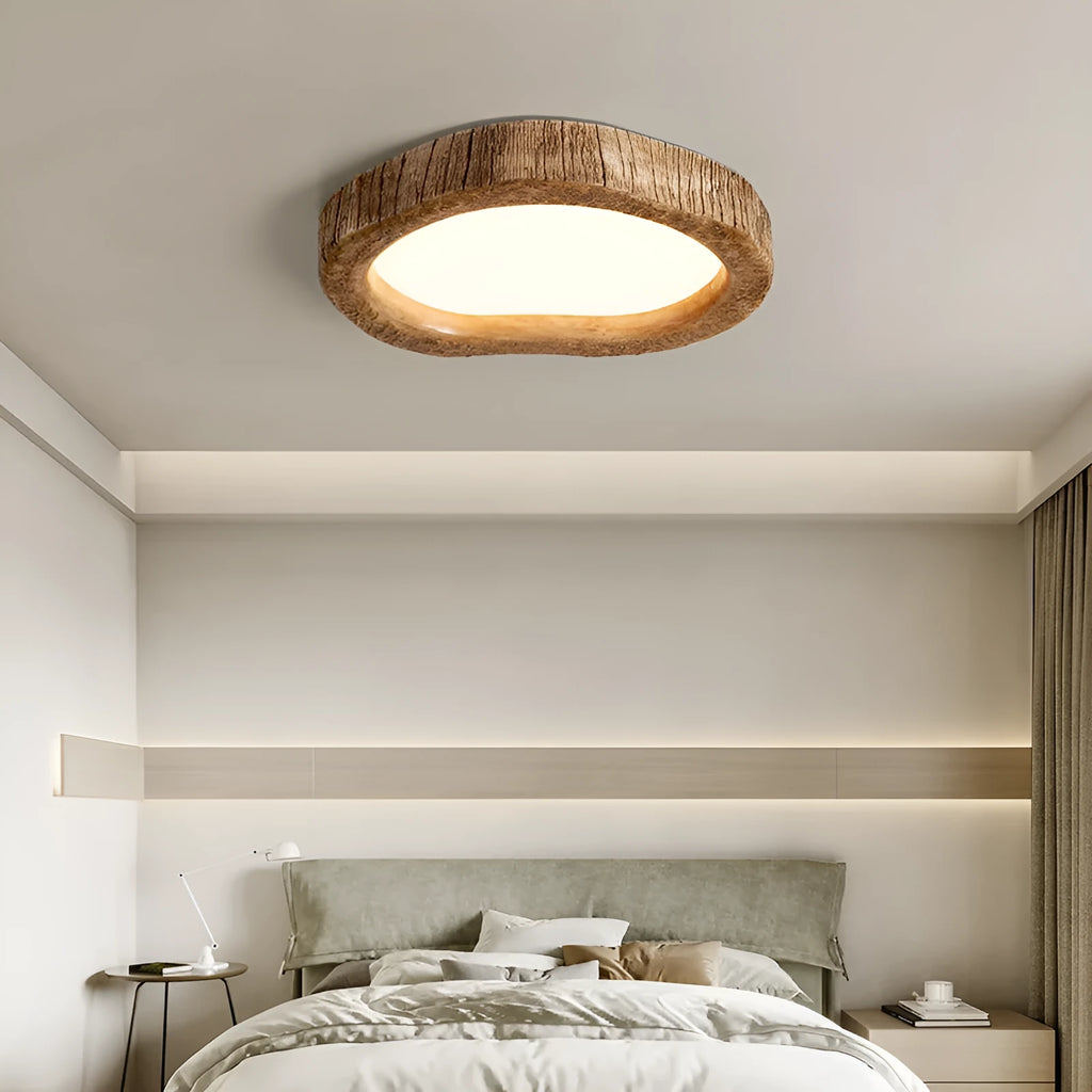 Round wood grain finish ceiling lamp in New Chinese style, shown in a bedroom setting.
