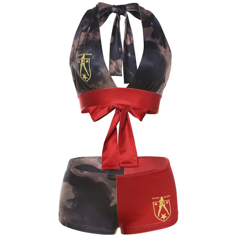 Women's red polyester high-waist printed bikini set with 3D effect pattern and hip lift shorts