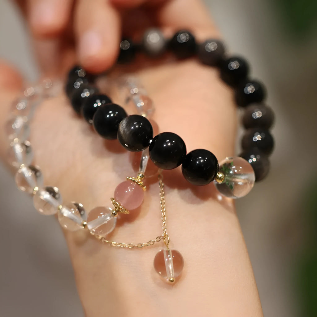 White crystal bracelet with cat eye obsidian beads in geometric Chinese style, unisex size option