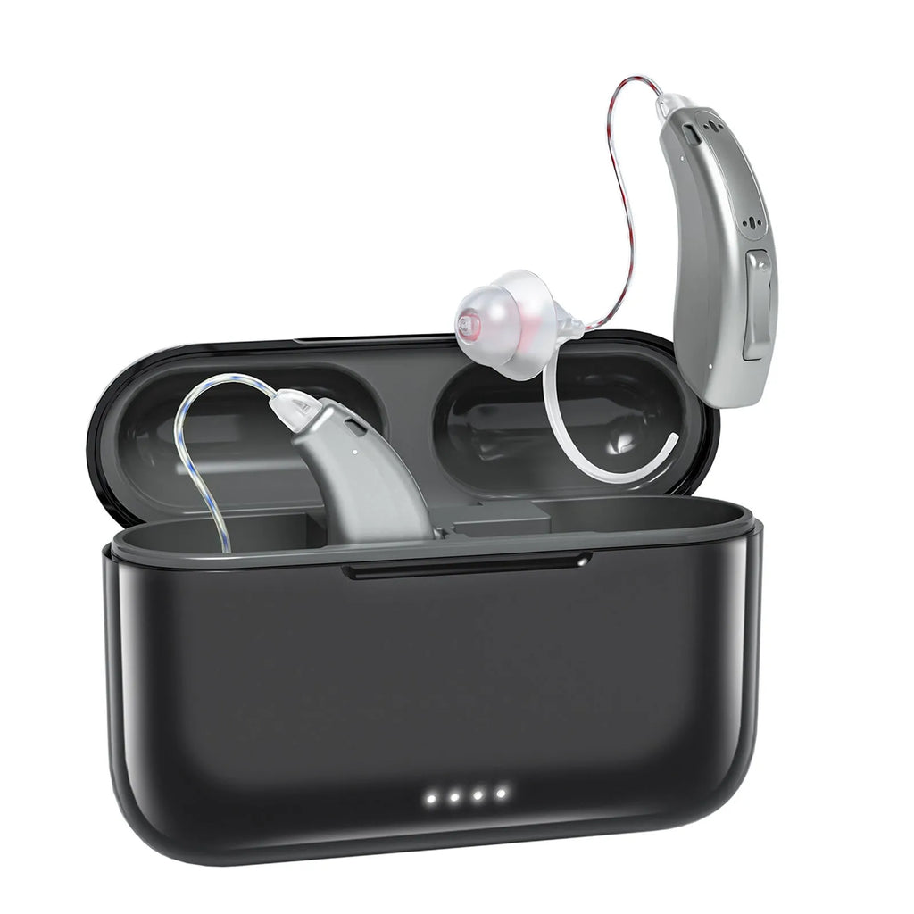 Wireless behind-the-ear Bluetooth digital hearing aid in black plastic with charging case and accessories