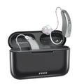 Wireless behind-the-ear Bluetooth digital hearing aid in black plastic with charging case and accessories