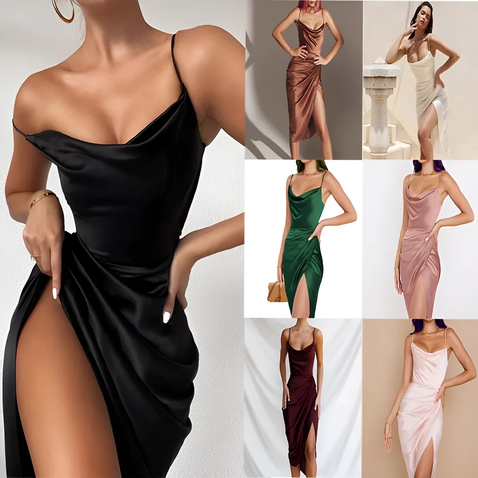 Women's solid colour high waist satin slit skirt in mid-length, available in multiple colours and sizes S to XL