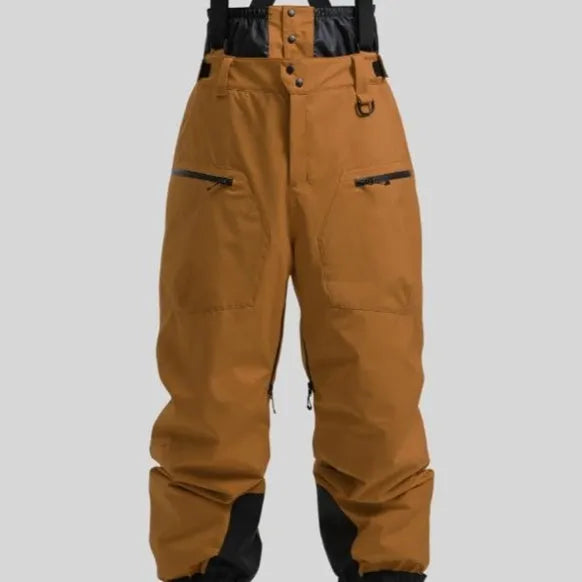 Men's black waterproof ski trousers with adjustable waist straps, shown laid flat.