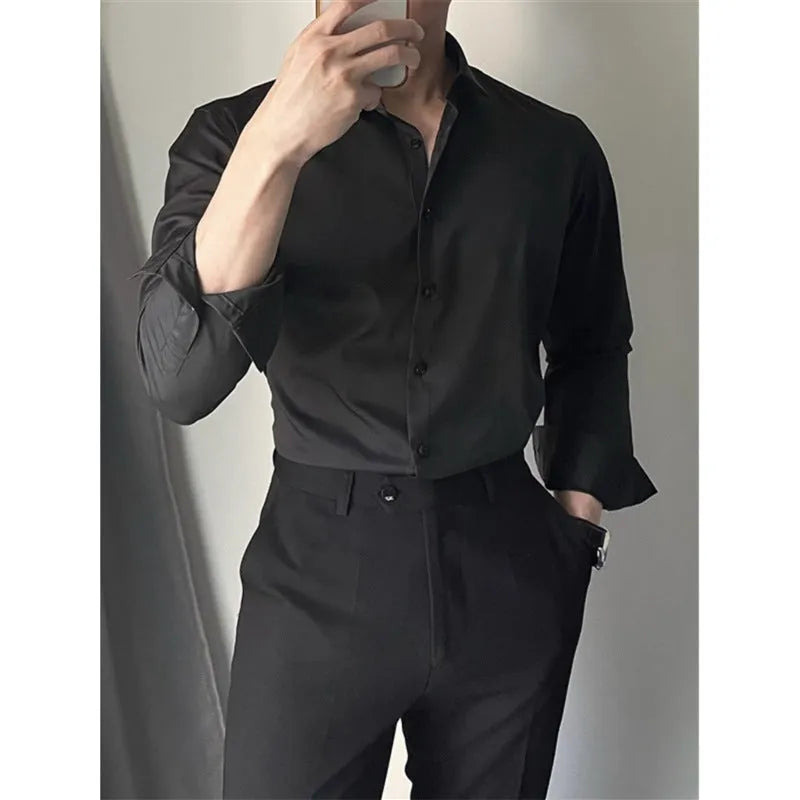 Men's solid colour Korean slim fit cardigan shirt in white, black, and dark gray, available in sizes S-5XL