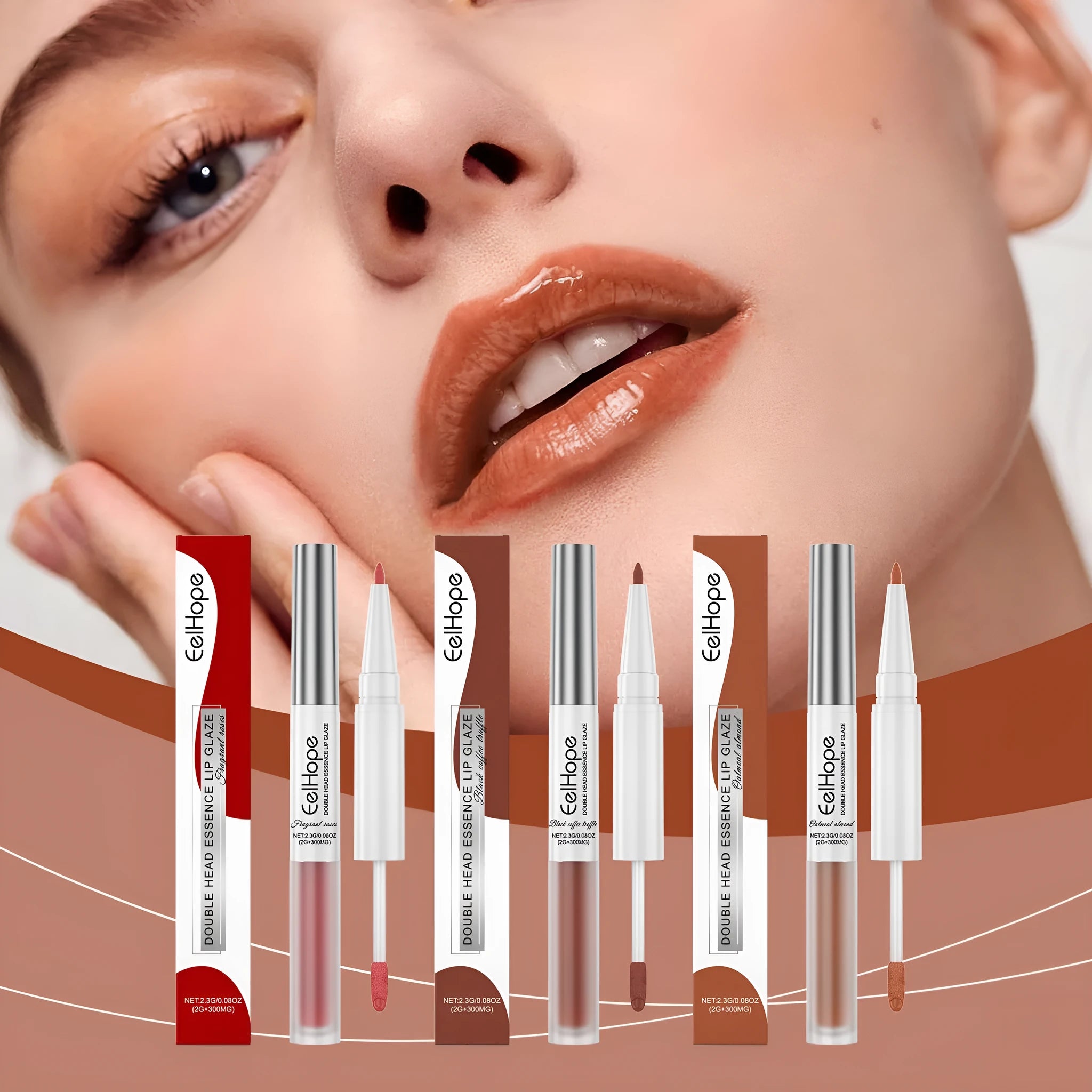 Double-headed lip liner and lip lacquer pen lipstick in twist-up packaging.