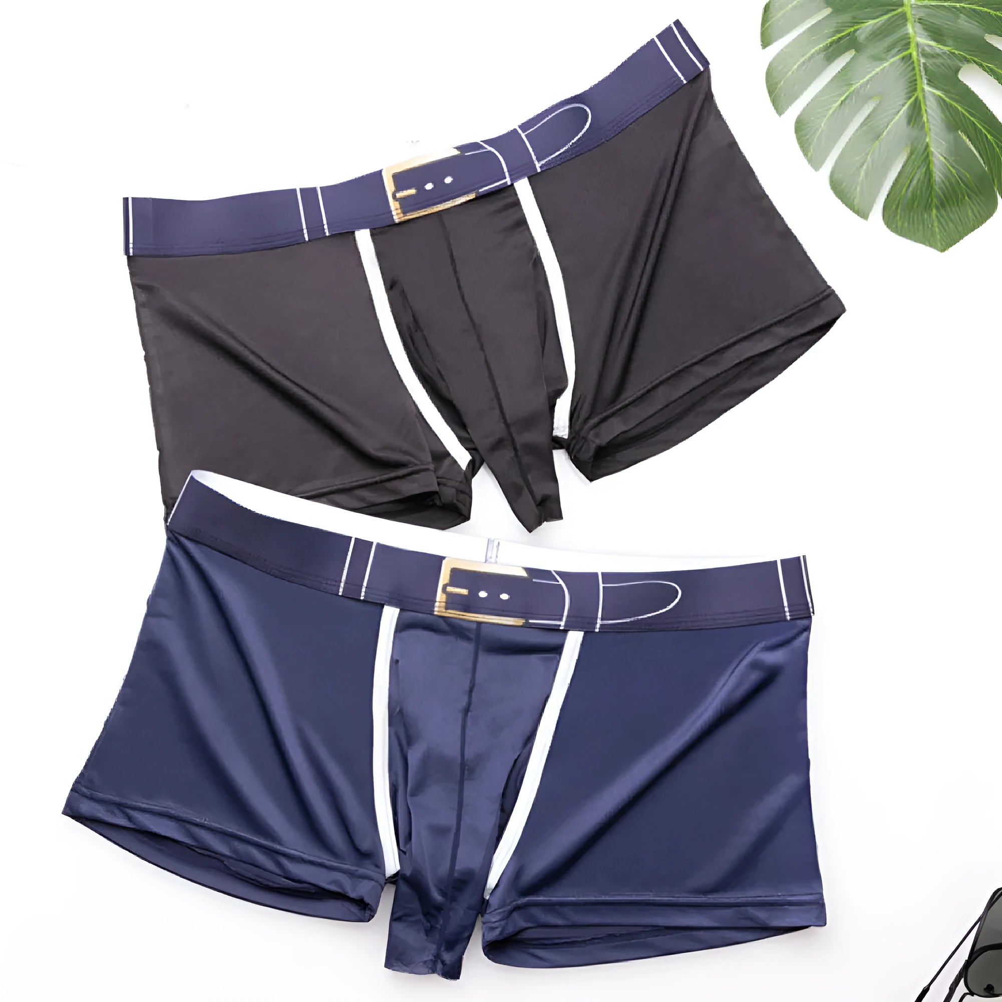 Men's solid colour ice silk boxer shorts on a mid-waist, showing available colours grey, black, green, and blue.