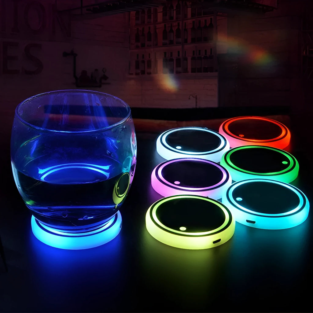 Colourful LED light-up car cup holder coaster showing multiple colour options